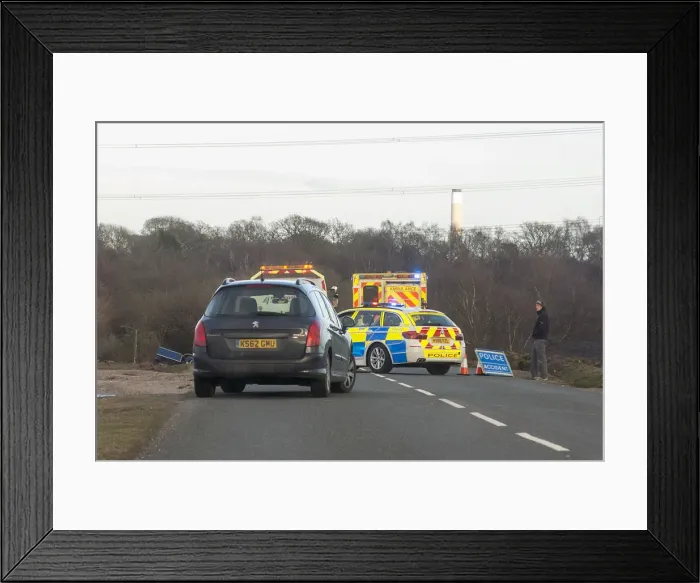 Framed Print : Police car and ambulance attending road traffic accident 2018. Creator: Unknown Framed Print : Police car and ambulance attending road traffic accident 2018. Creator: Unknown