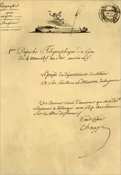 First telegraph despatch from Lyon, 4 March 1815, (1921). Creator: Unknown