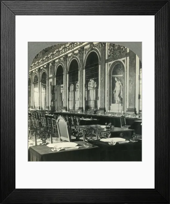 Framed Print : Galerie des Glaces, Showing Table where Peace Treaty Was Signed, Versailles, France, c1930s Framed Print : Galerie des Glaces, Showing Table where Peace Treaty Was Signed, Versailles, France, c1930s