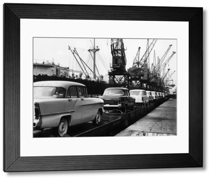 Framed Print : Vauxhall Victors for export at docks 1958. Creator: Unknown Framed Print : Vauxhall Victors for export at docks 1958. Creator: Unknown