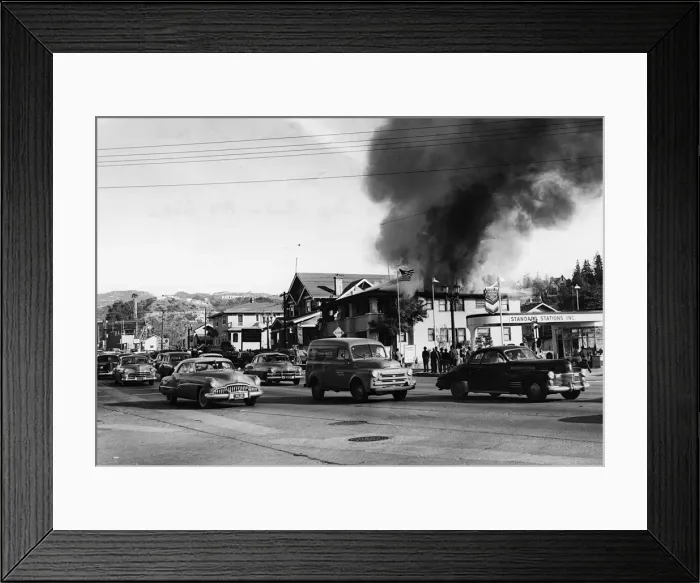 Framed Print : Fire in building causing traffic to slow, Glendale, Burbank, California 1951. Creator: Unknown Framed Print : Fire in building causing traffic to slow, Glendale, Burbank, California 1951. Creator: Unknown