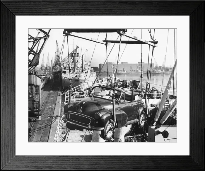 Framed Print : Morris Minor convertible craned onto ship for export at Cardiff docks. Creator: Unknown Framed Print : Morris Minor convertible craned onto ship for export at Cardiff docks. Creator: Unknown