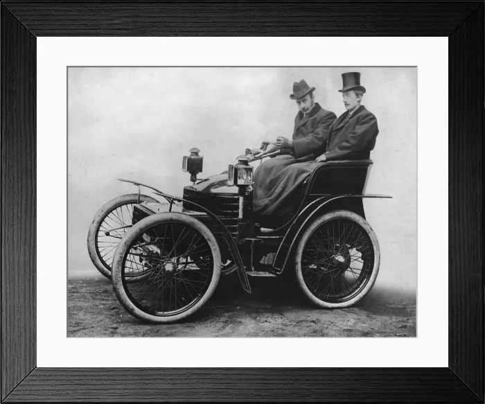 Framed Print : Herbert Austin at tiller of first 4 wheel Wolseley 1899. Creator: Unknown Framed Print : Herbert Austin at tiller of first 4 wheel Wolseley 1899. Creator: Unknown