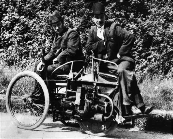 Herbert Austin (left) on 1897 Wolseley Tricar. Creator: Unknown