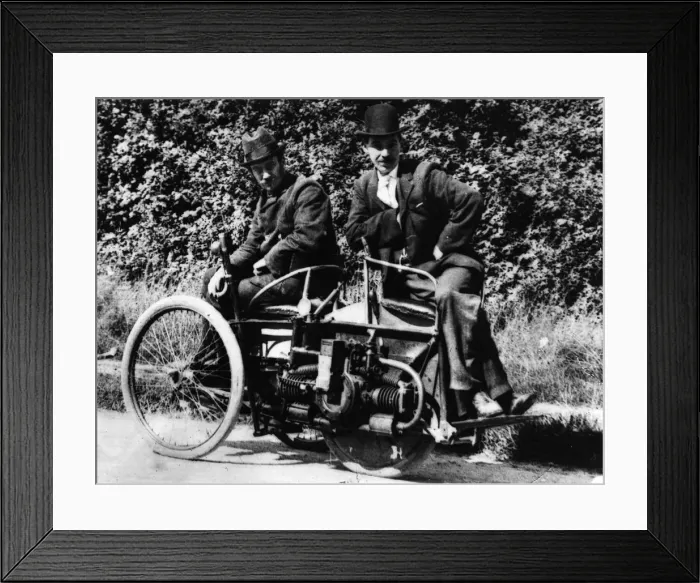 Framed Print : Herbert Austin (left) on 1897 Wolseley Tricar. Creator: Unknown Framed Print : Herbert Austin (left) on 1897 Wolseley Tricar. Creator: Unknown
