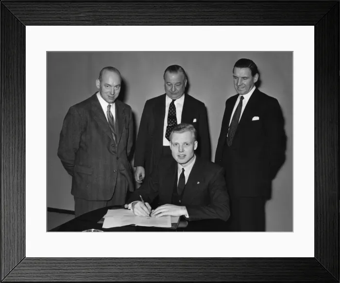 Framed Print : Mike Hawthorn signing Vanwall contract 1955. Creator: Unknown Framed Print : Mike Hawthorn signing Vanwall contract 1955. Creator: Unknown