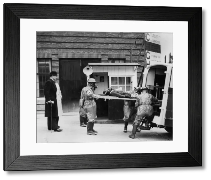 Framed Print : Volunteer stretcher party at Vauxhall factory, Wing Commander Hodsall, WW2 Creator: Unknown Framed Print : Volunteer stretcher party at Vauxhall factory, Wing Commander Hodsall, WW2 Creator: Unknown