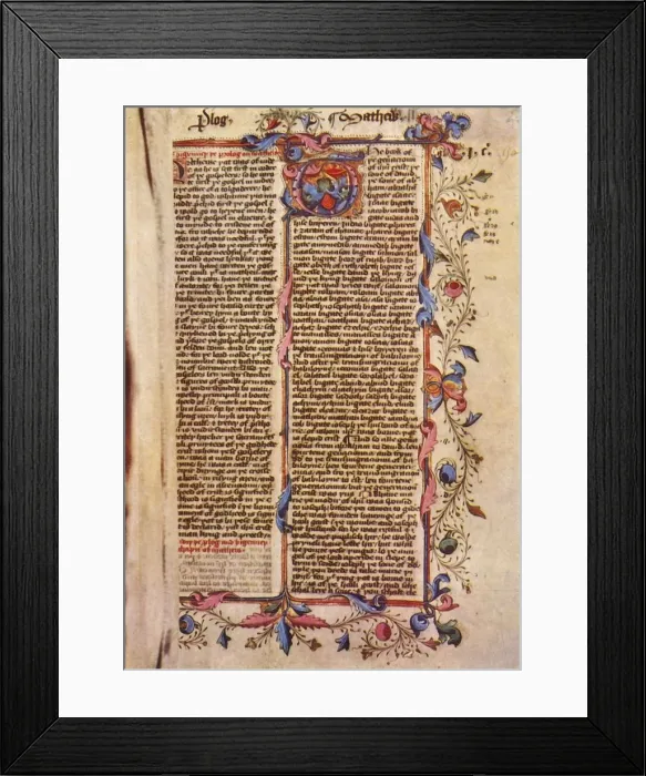 Framed Print : First Page of St Matthews Gospel, 15th century, (1943). Creator: Unknown Framed Print : First Page of St Matthews Gospel, 15th century, (1943). Creator: Unknown