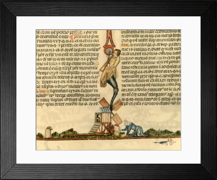 Framed Print : A woman setting a post mill alight, c1340, (1947). Creator: Unknown Framed Print : A woman setting a post mill alight, c1340, (1947). Creator: Unknown