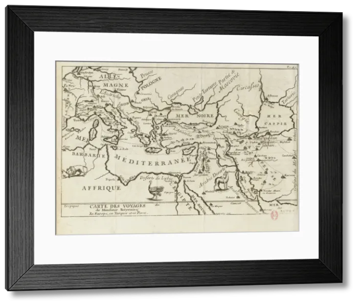 Framed Print : Map of Taverniers Travels in Europe, Persia, Turkey, 17th century. Creator: Anonymous master Framed Print : Map of Taverniers Travels in Europe, Persia, Turkey, 17th century. Creator: Anonymous master
