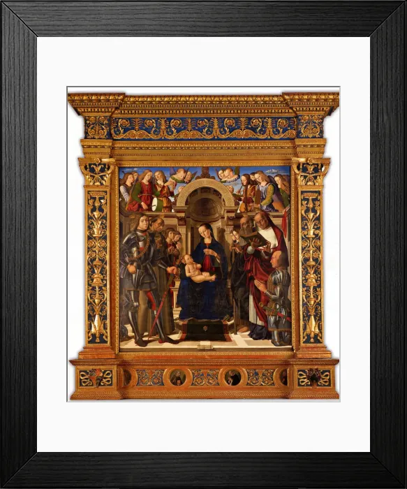 Framed Print : Pala Oliva. Madonna and Child enthroned between Saints George, Francis of Assisi…, 1489 Framed Print : Pala Oliva. Madonna and Child enthroned between Saints George, Francis of Assisi…, 1489