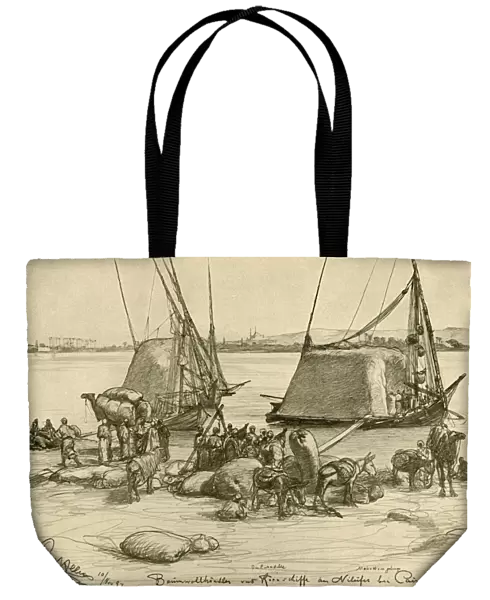Loading cotton onto grain boats, River Nile, Cairo, Egypt, 1898
