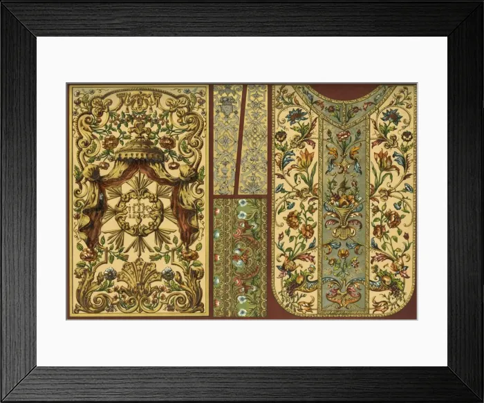 Framed Print : Embroidery, leather tapestry, goldsmiths work, 17th, 18th and 19th centuries, (1898) Framed Print : Embroidery, leather tapestry, goldsmiths work, 17th, 18th and 19th centuries, (1898)