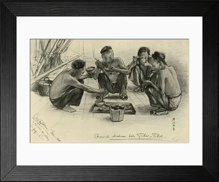 Framed Print : Chinese crew members eating on board the Knivsberg, 1898. Creator: Christian Wilhelm Allers Framed Print : Chinese crew members eating on board the Knivsberg, 1898. Creator: Christian Wilhelm Allers