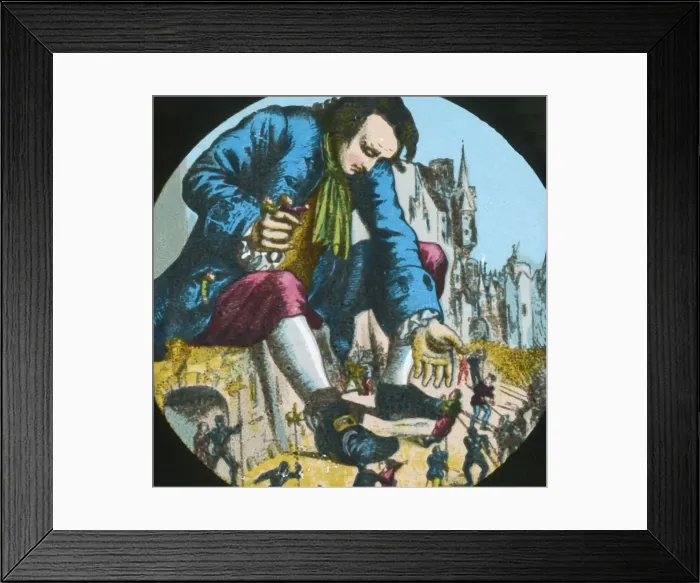 Framed Print : Gulliver frees the ringleaders of an attack against him, lantern slide, late 19th century Framed Print : Gulliver frees the ringleaders of an attack against him, lantern slide, late 19th century