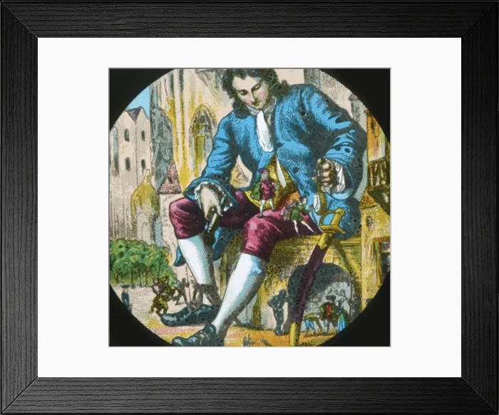 Framed Print : The Lilluputians climb on Gulliver, lantern slide, late 19th century. Creator: Unknown Framed Print : The Lilluputians climb on Gulliver, lantern slide, late 19th century. Creator: Unknown