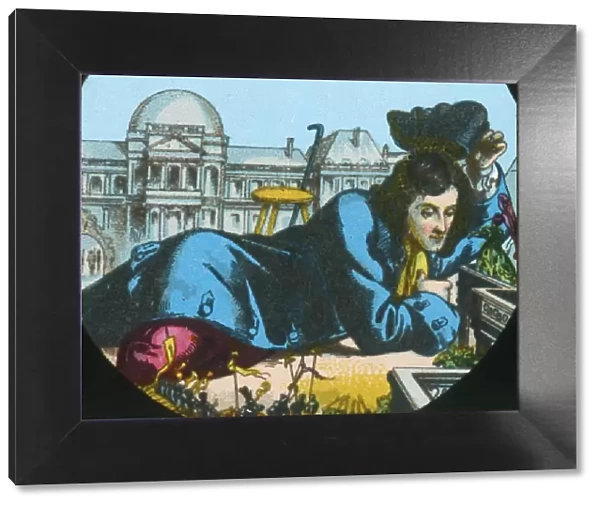 Gulliver at the royal palace of the Lilliputians, lantern slide, late 19th century