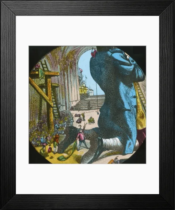 Framed Print : Gulliver is measured for a suit of clothes, lantern slide, late 19th century. Creator: Unknown Framed Print : Gulliver is measured for a suit of clothes, lantern slide, late 19th century. Creator: Unknown