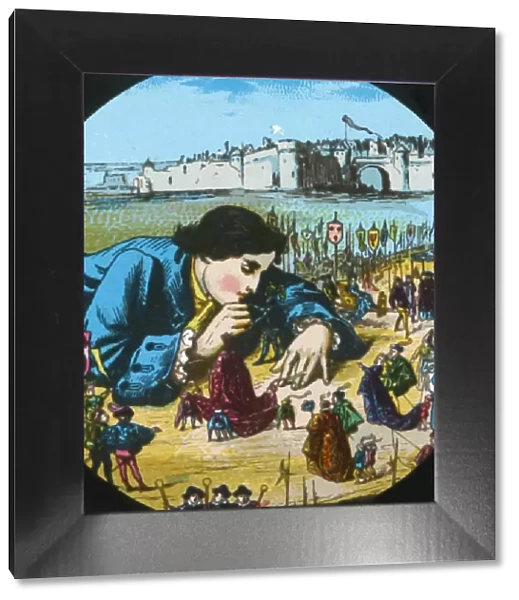 Gulliver is granted his freedom, lantern slide, late 19th century. Creator: Unknown