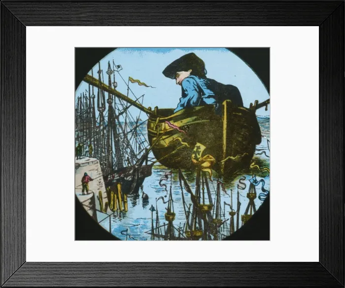 Framed Print : Gulliver leaves Lilliput, lantern slide, late 19th century. Creator: Unknown Framed Print : Gulliver leaves Lilliput, lantern slide, late 19th century. Creator: Unknown