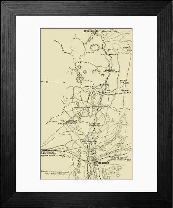 Framed Print : Map Illustrating the Eastward Move from Eerstefabrieken to Middelburg, 1901. Creator: Unknown Framed Print : Map Illustrating the Eastward Move from Eerstefabrieken to Middelburg, 1901. Creator: Unknown