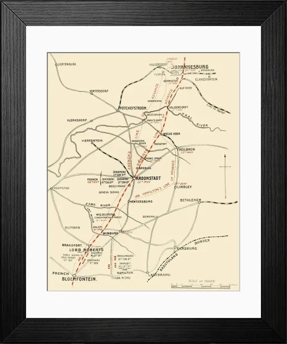 Framed Print : Map Showing the Lines of Advance from Bloemfontein to Pretoria, 1901. Creator: Unknown Framed Print : Map Showing the Lines of Advance from Bloemfontein to Pretoria, 1901. Creator: Unknown