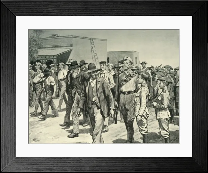Framed Print : The Last Attack on Mafeking: B. S. A. Police Escorting Boer Prisoners to the Gaol, 1901 Framed Print : The Last Attack on Mafeking: B. S. A. Police Escorting Boer Prisoners to the Gaol, 1901
