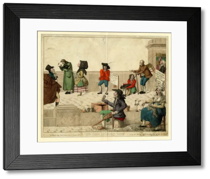 Framed Print : A corner of Pont Neuf, Paris, with lame beggars and street vendors, ca 1813. Creator: Anonymous Framed Print : A corner of Pont Neuf, Paris, with lame beggars and street vendors, ca 1813. Creator: Anonymous