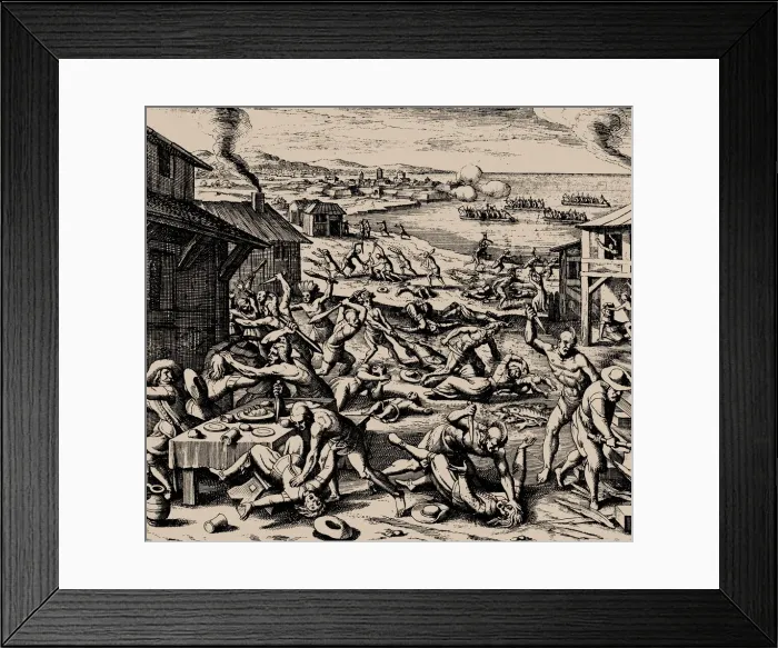 Framed Print : Powhatan attack on 22 March 1622, 1628. Creator: Merian, Matthaus, the Elder (1593-1650) Framed Print : Powhatan attack on 22 March 1622, 1628. Creator: Merian, Matthaus, the Elder (1593-1650)