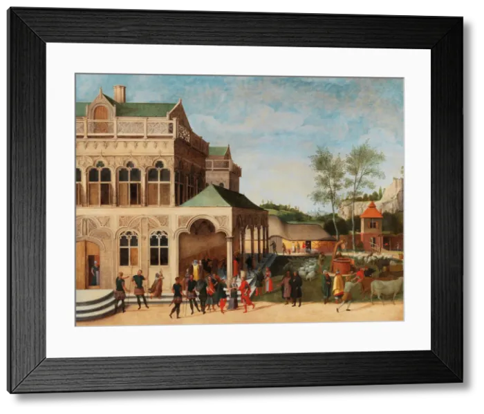 Framed Print : An elegant loggia with the Proposal of Isaac to Rebecca, 1616. Creator: Grimmer, Abel (1570-1619) Framed Print : An elegant loggia with the Proposal of Isaac to Rebecca, 1616. Creator: Grimmer, Abel (1570-1619)