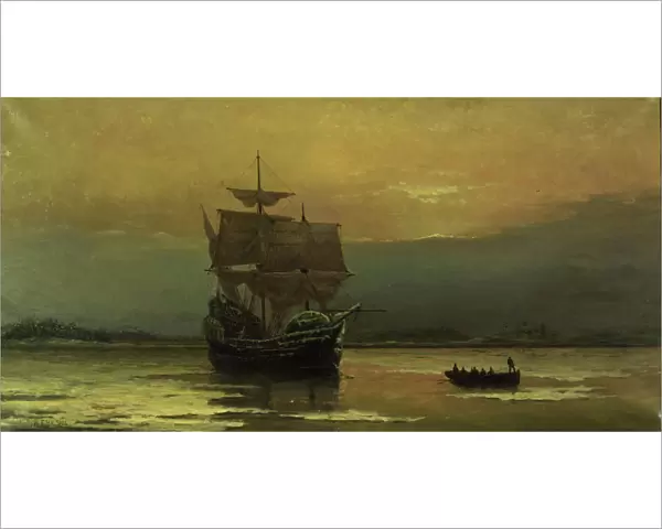 The Mayflower on Her Arrival at Plymouth Harbor, 1882. Creator: Halsall, William Formby