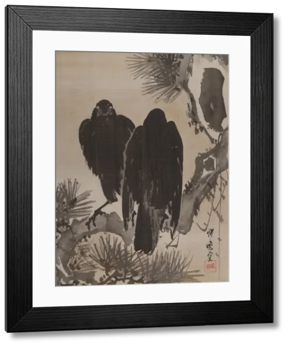 Framed Print : Two Crows on a Pine Branch, ca. 1887. Creator: Kawanabe Kyosai Framed Print : Two Crows on a Pine Branch, ca. 1887. Creator: Kawanabe Kyosai