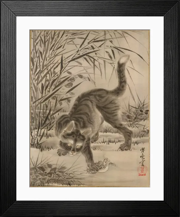 Framed Print : Cat Catching a Frog, ca. 1887. Creator: Kawanabe Kyosai Framed Print : Cat Catching a Frog, ca. 1887. Creator: Kawanabe Kyosai