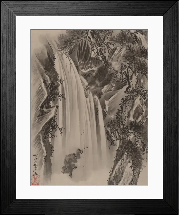 Framed Print : Waterfall, Eagle and Monkey, ca. 1887. Creator: Kawanabe Kyosai