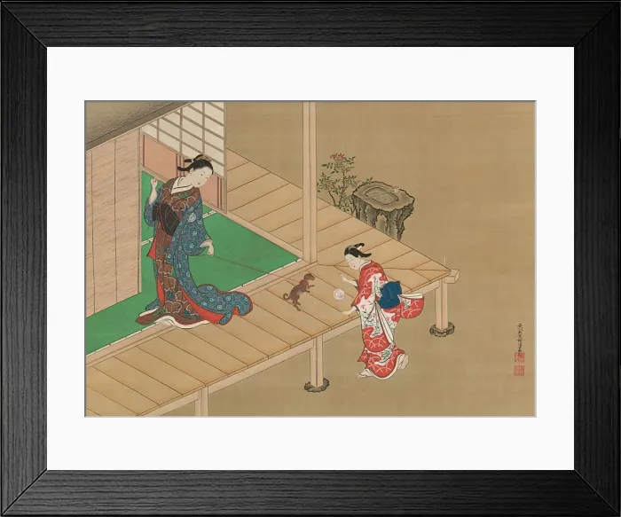 Framed Print : Courtesan and Attendant Playing with a Dog, ca. 1716-1736. Creator: Nishikawa Sukenobu Framed Print : Courtesan and Attendant Playing with a Dog, ca. 1716-1736. Creator: Nishikawa Sukenobu