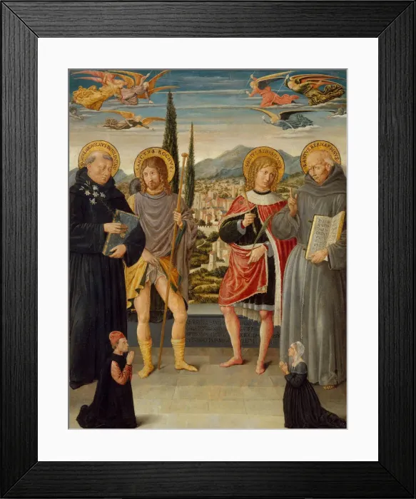 Framed Print : Saints Nicholas of Tolentino, Roch, Sebastian, and Bernardino of Siena... 1481. Creator Framed Print : Saints Nicholas of Tolentino, Roch, Sebastian, and Bernardino of Siena... 1481. Creator
