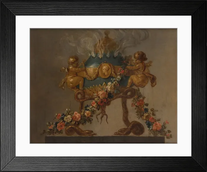 Framed Print : Perfume-burner supported by amorini and serpents and garlanded with flowers, 18th century Framed Print : Perfume-burner supported by amorini and serpents and garlanded with flowers, 18th century