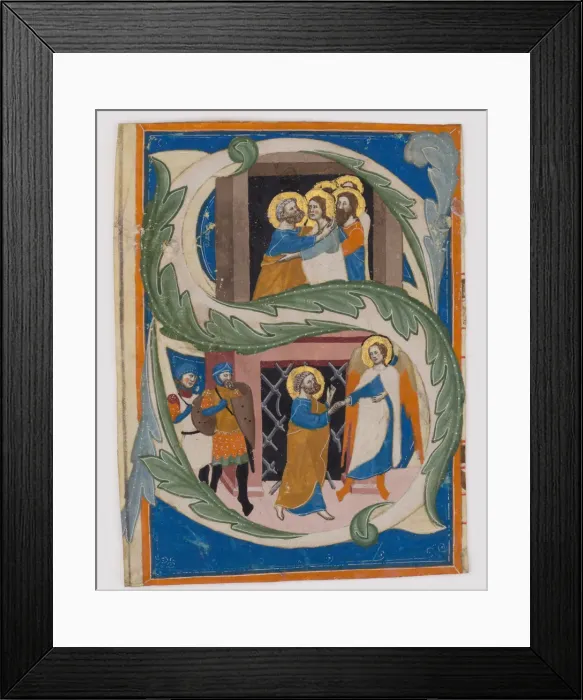 Framed Print : Initials with Saint Peter Liberated from Prison, first half 14th century. Creator: Unknown Framed Print : Initials with Saint Peter Liberated from Prison, first half 14th century. Creator: Unknown