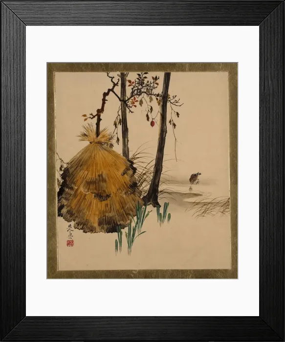 Framed Print : Lacquer Paintings of Various Subjects: Snow Shelter for a Tree with Sparrow, 1882