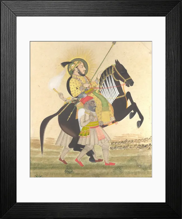 Framed Print : Maharana Sangram Singh Riding a Prize Stallion, ca. 1712. Creator: Stipple Master (Indian Framed Print : Maharana Sangram Singh Riding a Prize Stallion, ca. 1712. Creator: Stipple Master (Indian