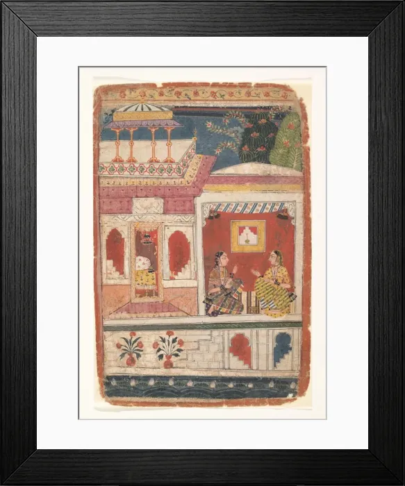 Framed Print : Radha and Her Confidant Sit in an Open Room: Page from a Dispersed Rasikapriya, ca Framed Print : Radha and Her Confidant Sit in an Open Room: Page from a Dispersed Rasikapriya, ca
