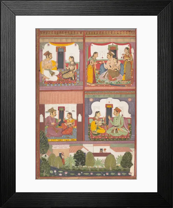 Framed Print : Four Love Scenes and a Landscape: Page from a Dispersed Raskapriya, ca. 1700. Creator: Unknown Framed Print : Four Love Scenes and a Landscape: Page from a Dispersed Raskapriya, ca. 1700. Creator: Unknown