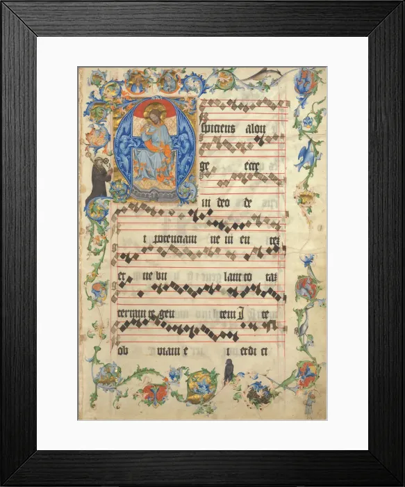 Framed Print : Bifolium with Christ in Majesty in an Initial A, from an Antiphonary, ca. 1405. Creator: Unknown