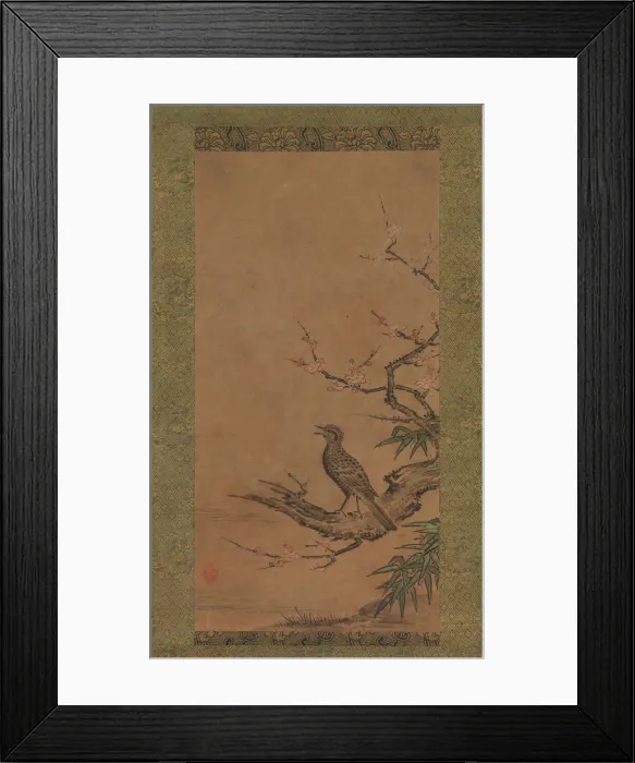Framed Print : Brown-Eared Bulbul (Hiyodori) on a Branch of Plum, mid- to late 16th century. Creator: Kano Shoei Framed Print : Brown-Eared Bulbul (Hiyodori) on a Branch of Plum, mid- to late 16th century. Creator: Kano Shoei
