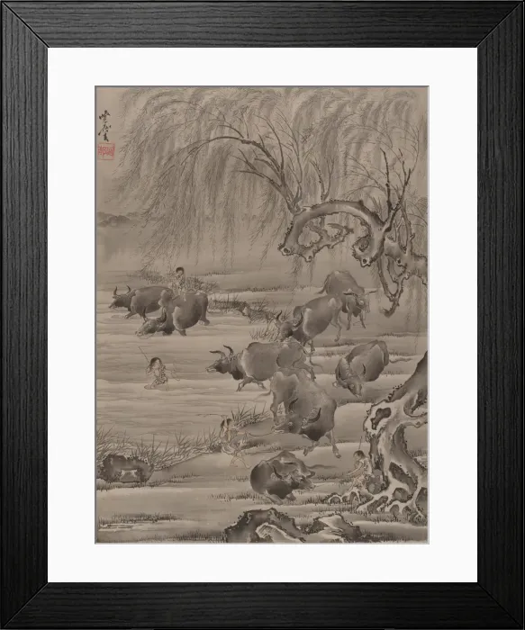 Framed Print : Buffalo and Herdsman, ca. 1887. Creator: Kawanabe Kyosai Framed Print : Buffalo and Herdsman, ca. 1887. Creator: Kawanabe Kyosai