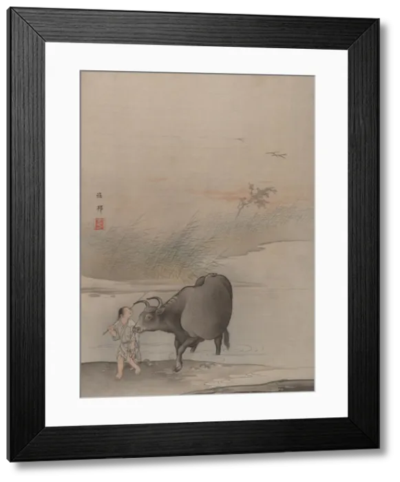 Framed Print : Boy with Cow at the Rivers Edge. Creator: Hashimoto Gaho Framed Print : Boy with Cow at the Rivers Edge. Creator: Hashimoto Gaho