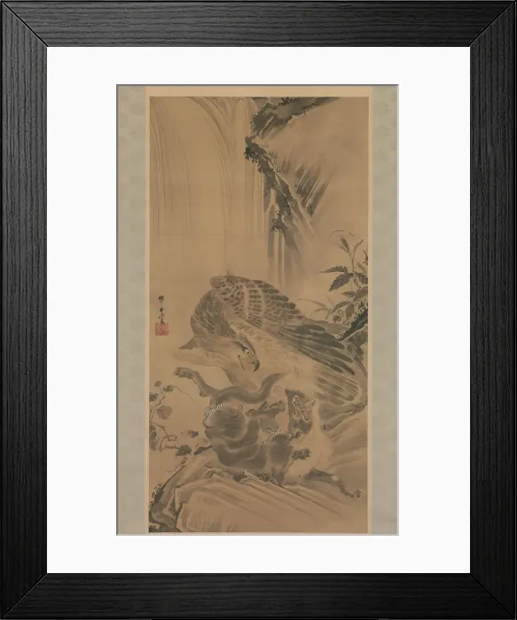 Framed Print : Eagle Attacking a Mountain Lion, 1885. Creator: Kawanabe Kyosai Framed Print : Eagle Attacking a Mountain Lion, 1885. Creator: Kawanabe Kyosai