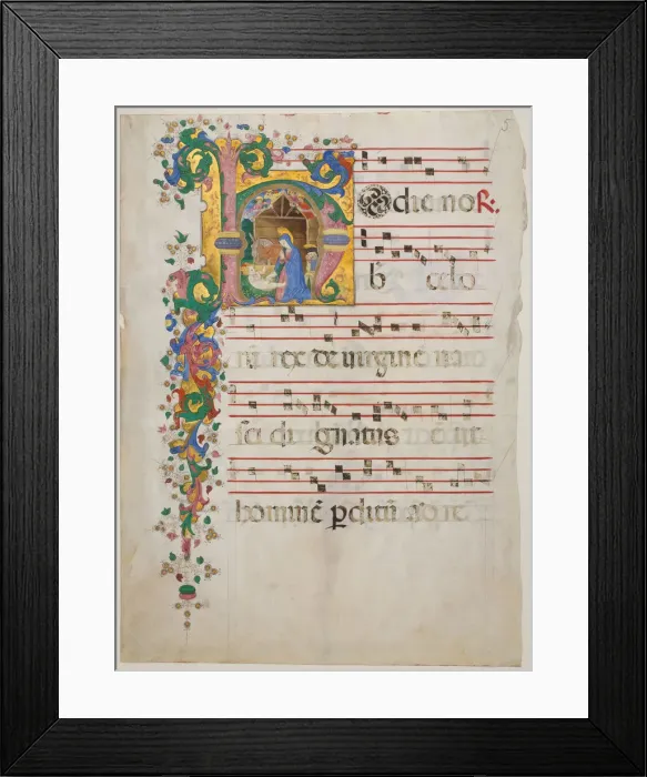 Framed Print : Manuscript Leaf with the Nativity in an Initial H, from an Antiphonary, second half 15th century Framed Print : Manuscript Leaf with the Nativity in an Initial H, from an Antiphonary, second half 15th century