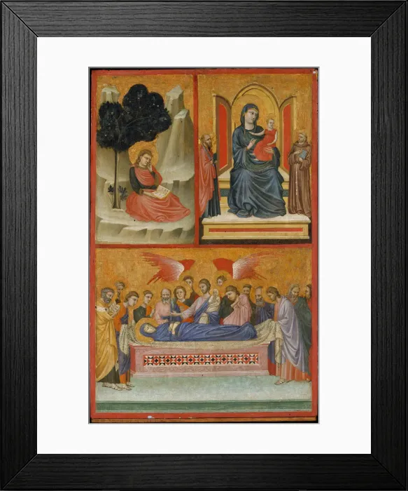 Framed Print : Saint John on Patmos, Madonna and Child Enthroned, and Death of the Virgin; The Crucifixion
