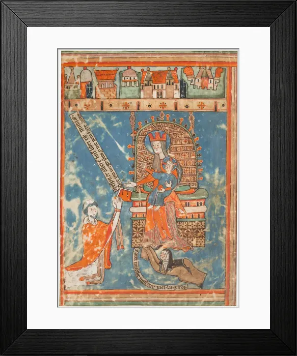 Framed Print : Manuscript Leaf with Dedication of a Book to the Virgin, ca. 1400. Creator: Unknown Framed Print : Manuscript Leaf with Dedication of a Book to the Virgin, ca. 1400. Creator: Unknown
